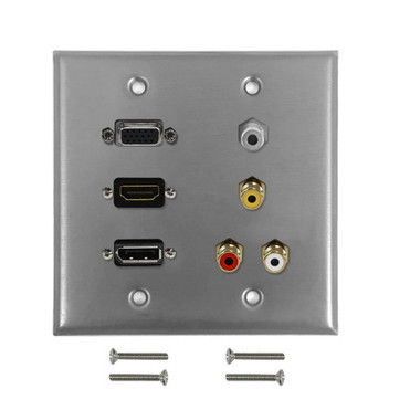 VGA HDMI DisplayPort 35mm RCA Composite  LeftRight Audio Doublegang Wall Plate Kit - Stainless Steel FN-WPK-SS-209