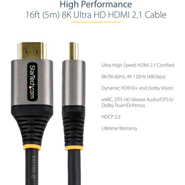 StarTech.com 16ft/5m HDMI 2.1 Cable, Certified Ultra High Speed HDMI Cable 48Gbps, 8K 60Hz/4K 120Hz HDR10+, 8K HDMI Cable, - 16.4ft/5m (HDMM21V5M)
