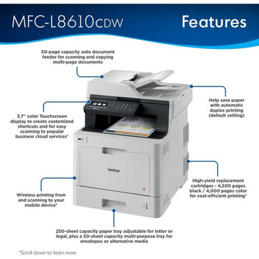 Brother MFC-L8610CDW Wireless Laser Multifunction Printer - Color - CopierFaxPrinterScanner - 33 ppm Mono33 ppm Color Print 2400 MFCL8610CDW