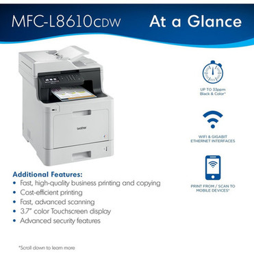 Brother MFC-L8610CDW Wireless Laser Multifunction Printer - Color - CopierFaxPrinterScanner - 33 ppm Mono33 ppm Color Print 2400 MFCL8610CDW