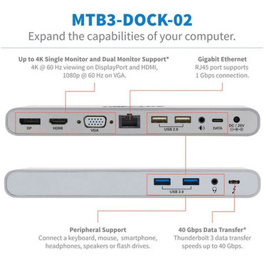 Tripp Lite Thunderbolt 3 Docking Station - for Notebook - 120 W - USB Type C - 2 x USB 20 - 3 x USB 30 - USB Type-C - Network - HDMI MTB3-DOCK-02