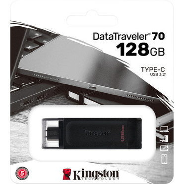 Kingston DataTraveler 70 USB-C Flash Drive - 128 GB - USB 32 Gen 1 Type C - Black - Lifetime Warranty DT70128GB