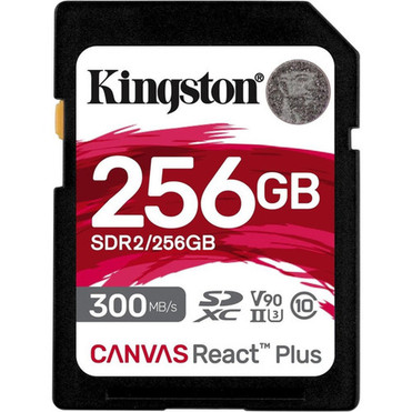 Kingston Canvas React Plus SDR2 256 GB Class 10UHS-II U3 V90 SDXC - 300 MBs Read - 260 MBs Write - Lifetime Warranty SDR2256GB