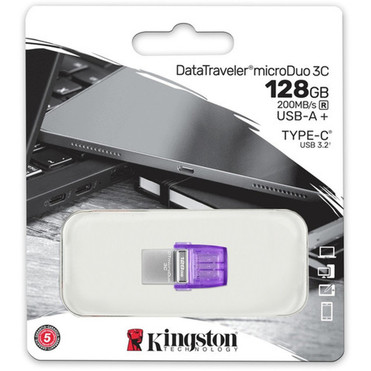 Kingston DataTraveler microDuo 3C USB Flash Drive - 128 GB - USB 32 Gen 1 Type C USB 32 Gen 1 Type A - 200 MBs Read Speed - - DTDUO3CG3128GB