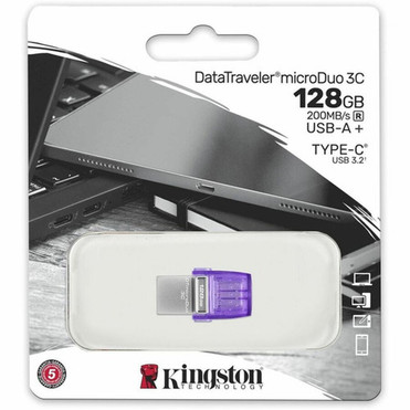 Kingston DataTraveler microDuo 3C USB Flash Drive - 128 GB - USB 32 Gen 1 Type A USB 32 Gen 1 Type C - 200 MBs Read Speed - 5 DTDUO3CG3128GBCR