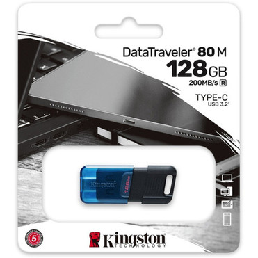 Kingston DataTraveler 80 M 128GB USB 32 Gen 1 Type C Flash Drive - 128 GB - USB 32 Gen 1 Type C - 200 MBs Read Speed - 200 MBs DT80M128GB
