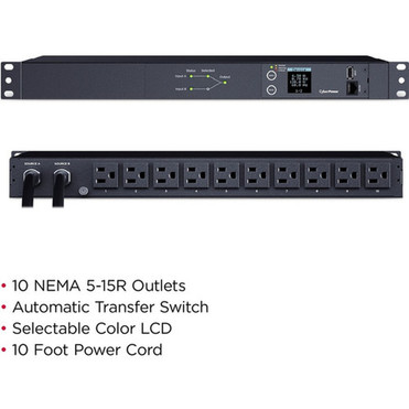 CyberPower Switched ATS PDU PDU24001 10-Outlets PDU - Metered - NEMA 5-15P - 10 x NEMA 5-15R - 120 V AC - Network RJ-45 - 1U - - PDU24001