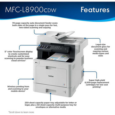 Brother MFC-L8900CDW Wireless Laser Multifunction Printer - Color - CopierFaxPrinterScanner - 33 ppm Mono33 ppm Color Print 2400 MFCL8900CDW