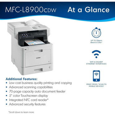Brother MFC-L8900CDW Wireless Laser Multifunction Printer - Color - CopierFaxPrinterScanner - 33 ppm Mono33 ppm Color Print 2400 MFCL8900CDW