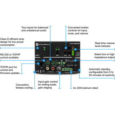Atlona Gain AT-GAIN-60 Amplifier - 60 W RMS - 2 Channel - 20 Hz to 20 kHz - 60 W - Ethernet AT-GAIN-60