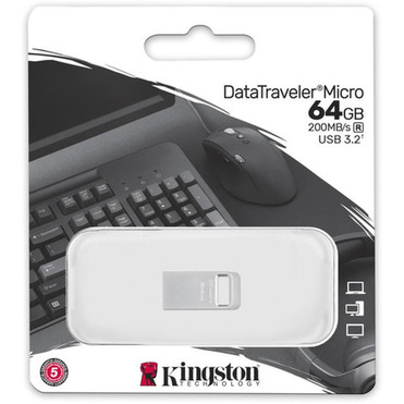 Kingston DataTraveler Micro USB Flash Drive - 64 GB - USB 32 Gen 1 Type A - 200 MBs Read Speed - Silver - 5 Year Warranty DTMC3G264GB