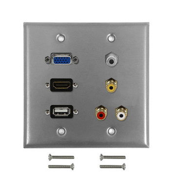 VGA USB HDMI 35mm RCA Composite  LeftRight Audio Double Gang Wall Plate Kit - Stainless Steel