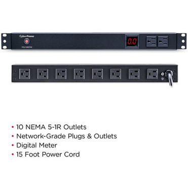CyberPower Metered PDU15M2F8R 10-Outlets PDU - Metered - NEMA 5-15P - 10 x NEMA 5-15R - 120 V AC - 1U - Vertical - Rack-mountable PDU15M2F8R
