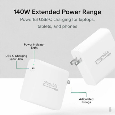 Plugable 140W USB C Charger GaN Wall Charger for Laptop PD 31 Power Adapter - Compatible with USB-C MacBook Pro Macbook Air iPad PS-EPR-140C1
