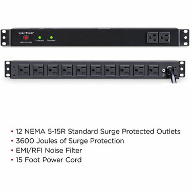 CyberPower Rackbar Surge Suppressor RM 1U RKBS15S2F10R 15A 12-Outlet - 12 x NEMA 5-15R - 3600 J - 120 V AC Input - 120 V AC Output - RKBS15S2F10R