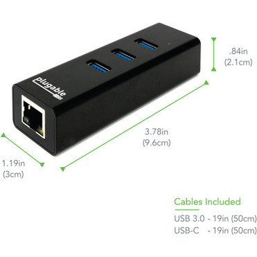 Plugable USB Hub with Ethernet 3 port USB 30 Bus Powered Hub with Gigabit Ethernet Compatible with Windows MacBook Linux Chrome C USB3-HUB3ME