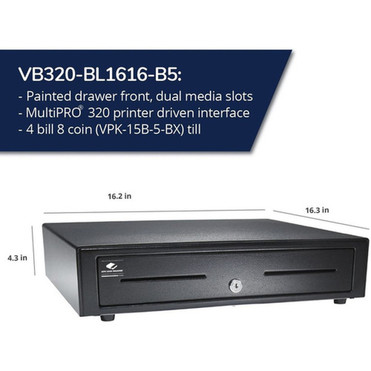 apg Genesis Cash Drawer - 4 Bill - 8 Coin - 2 Media Slot - Stainless Steel Plastic - Black - 430 10922 mm Height x 1620 mm x VB320-BL1616-B5
