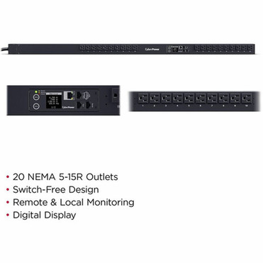 CyberPower PDU31116 20-Outlets PDU - Monitored - NEMA 5-15P - 20 x NEMA 5-15R - Network RJ-45 - 10 ft Cord Length - 0U - Vertical - PDU31116