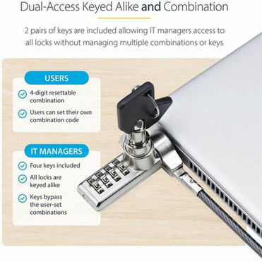 StarTechcom 10-Pack Dual-Access Laptop Lock 65ft 2m Keyed Alike and Combination Security Cable Lock for K-Slot Devices - 10-Pack DUALKA10-LAPTOP-LOCK