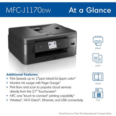Brother MFC-J1170DW Wireless Inkjet Multifunction Printer - Color - CopierFaxPrinterScanner - 17 ppm Mono165 ppm Color Print - x MFCJ1170DW