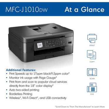 Brother MFC-J1010DW Wireless Inkjet Multifunction Printer - Color - CopierFaxPrinterScanner - 17 ppm Mono95 ppm Color Print - x - MFCJ1010DW