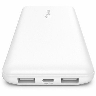 Belkin 15W 3-port USB Power Bank - 10K mAh - 2xUSB-A 12W 1xUSB-C 15W - Portable Charger - w USB-A to USB-C Cable - White - For - BPB011BTWH