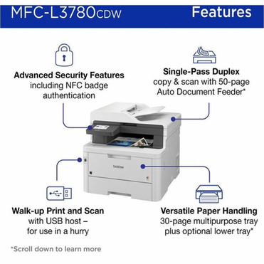 Brother MFC-L3780CDW Wired  Wireless Laser Multifunction Printer - Color - CopierFaxPrinterScanner - 600 x 2400 dpi Print - Color MFCL3780CDW