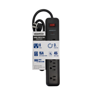 6 Outlet 900J Surge Protector - 45 Degree Angle 5-15P Plug  Circuit Breaker - Black - 3ft