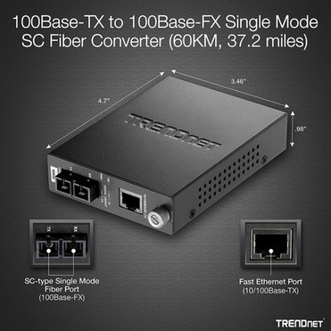 TRENDnet 100Base-TX to 100Base-FX Single Mode SC Fiber Media Converter 60 Km 373 Miles Auto-Negotiation Full Duplex RJ-45 port TFC-110S60