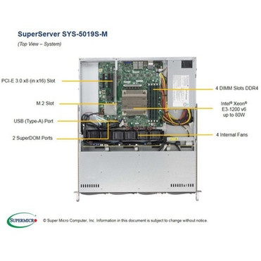Supermicro SuperServer 5019S-M Server Barebone System - 1U Rack-mountable - Socket H4 LGA-1151 - 1 x Processor Support - Intel C236 - SYS-5019S-M