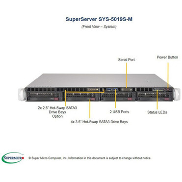 Supermicro SuperServer 5019S-M Server Barebone System - 1U Rack-mountable - Socket H4 LGA-1151 - 1 x Processor Support - Intel C236 - SYS-5019S-M