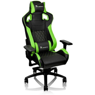 Tt eSPORTS GT Fit F100 Gaming Chair - For Game - Foam Steel Metal Polyvinyl Chloride PVC Aluminum Faux Leather - Black Green GC-GTF-BGMFDL-01