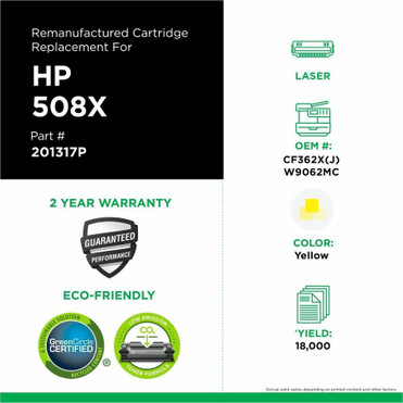 CIG Remanufactured Extended Yield Laser Toner Cartridge HP CF362X(J), W9062MC - Yellow Each - 18,000 Pages (201317P)
