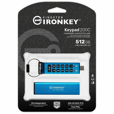 IronKey Keypad 200 512GB USB 32 Gen 1 Type C Flash Drive - 512 GB - USB 32 Gen 1 Type C - 280 MBs Read Speed - 200 MBs Write - IKKP200C512GB