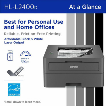 Brother HL-L2400D Desktop Wired Laser Printer - Monochrome - 32 ppm Mono - 1200 x 1200 dpi Print - Automatic Duplex Print - 250 Sheets HLL2400D