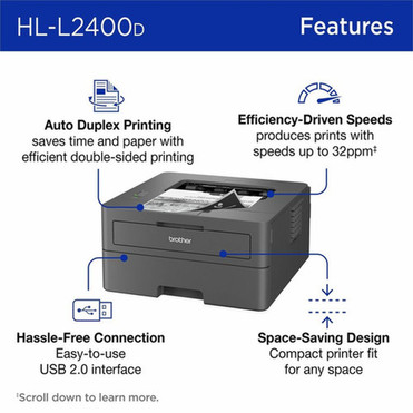 Brother HL-L2400D Desktop Wired Laser Printer - Monochrome - 32 ppm Mono - 1200 x 1200 dpi Print - Automatic Duplex Print - 250 Sheets HLL2400D
