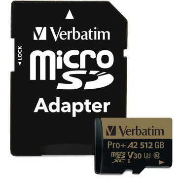 Verbatim Pro+ 512 GB Class 10/UHS-I (U3) microSDXC - 1 - 100 MB/s Read - 60 MB/s Write - 666x Memory Speed - Lifetime Warranty (Fleet Network)