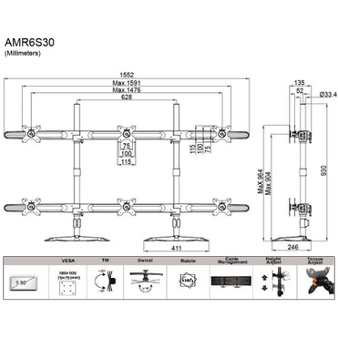 Amer AMR6S30 Monitor Stand - Up to 32" (812.80 mm) Screen Support - 17.64 lb (8000 g) Load Capacity - Aluminum Alloy (AMR6S30)