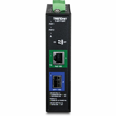 TRENDnet Industrial 10G SFP+ Media Converter - Network (RJ-45) - 1x PoE+ (RJ-45) Ports - 10 Gigabit Ethernet - 10GBase-T, 10GBase-X - (TI-BF711SFP)