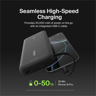 Belkin BoostCharge Power Bank 20K With Integrated Cable - For Smartphone, iPhone, Tablet PC, iPad mini, iPad, iPad Pro - 20000 mAh - 2 (BPB024FQBK)