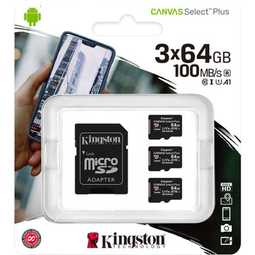 Kingston Canvas Select Plus SDCS2 64 GB Class 10/UHS-I (U1) microSDXC - 3 - 100 MB/s Read - Lifetime Warranty (Fleet Network)