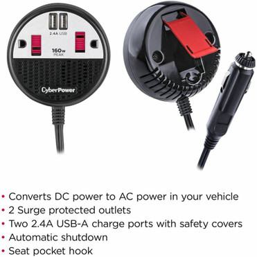 CyberPower CPS160PPB2U 160W Power Inverter - Black/Red - Input Voltage: 12 V DC - Output Voltage: 5 V DC, 120 V AC (CPS160PPB2U)