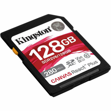Kingston Canvas React Plus 128 GB Class 10/UHS-II (U3) V60 SDXC - 280 MB/s Read - 100 MB/s Write - Lifetime Warranty (Fleet Network)