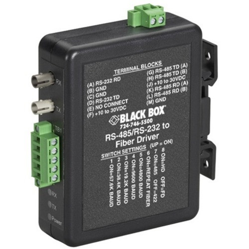 Black Box Industrial DIN Rail RS-232/RS-422/RS-485 to Fiber Driver - 1 x ST Ports - Rail-mountable (Fleet Network)