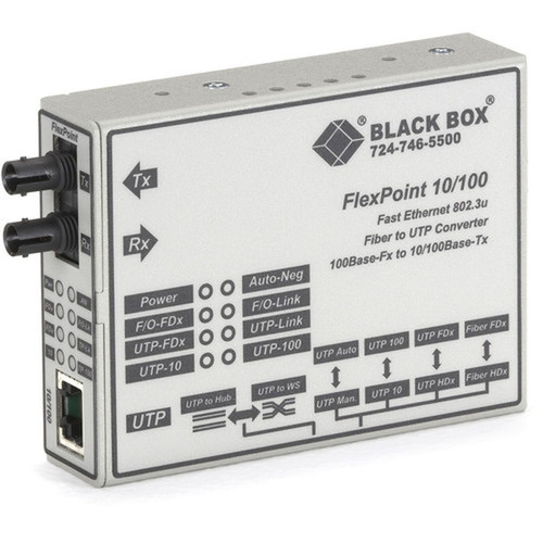 Black Box FlexPoint LMC100A-SM-R3 Tanscevier Media Converter - 1 x Network RJ-45 - 1 x ST Ports - DuplexST Port - Single-mode - Fast LMC100A-SM-R3