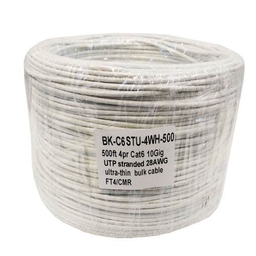 500ft 4pr Cat6 10Gig UTP stranded 28AWG ultra-thin bulk cable FT4 - White (FN-BK-C6STU-4WH-500)