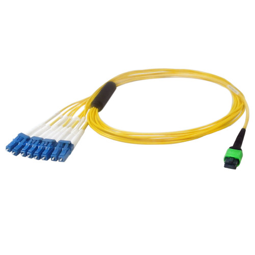 3ft - 1m 8-Fiber Singlemode MPO/APC Female (no guide pins) to 8x LC/UPC (clipped in pairs), OFNP