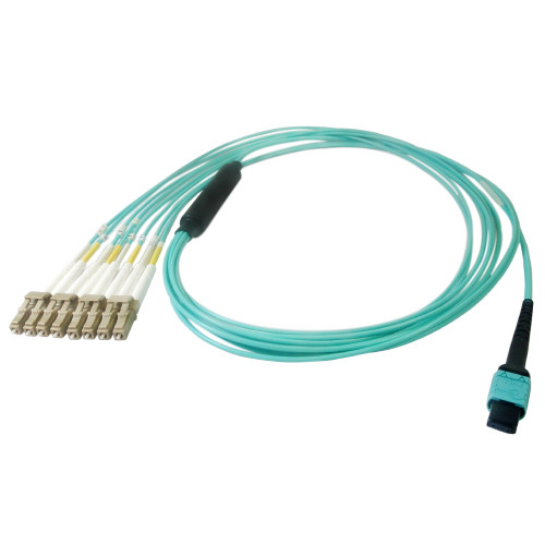 23ft - 7m 8-Fiber Multimode OM3 12-Position MPO Female (no guide pins) to 8x LC/UPC (clipped in pairs), OFNP