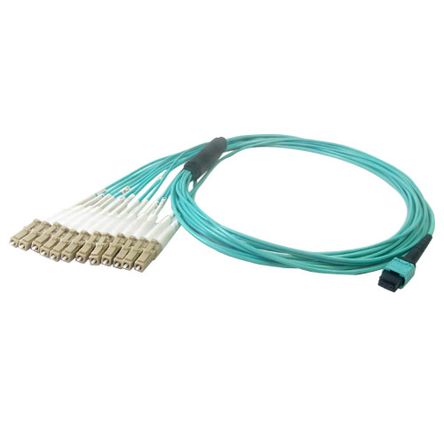 16.5ft - 5m 12-Fiber Multimode OM3 12-Position MPO Female (no guide pins) to 12x LC/UPC (not clipped), OFNP