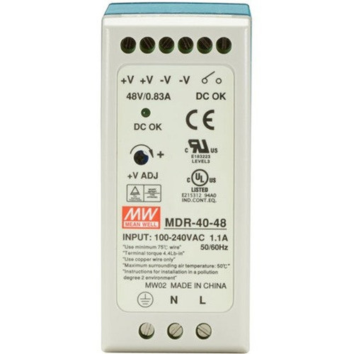 Black Box DIN Rail Power Supply 40 Watts 48 VDC - DIN Rail - 230 V AC 120 V DC 370 V DC 120 V AC Input - 48 V DC  800 mA Output MDR-40-48